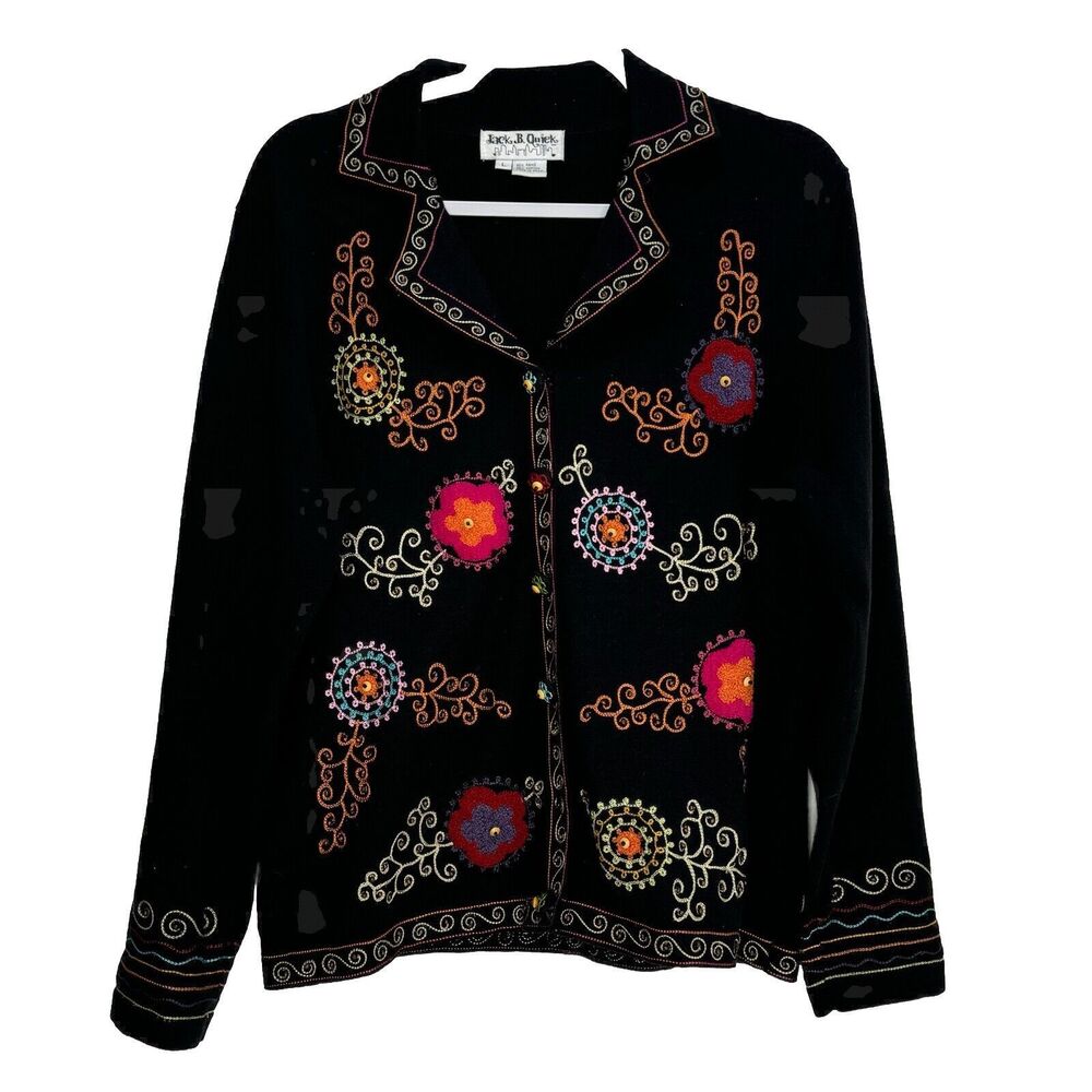 JACK B QUICK Sweater Women Ramie Cotton Embroidery Boho Art To Wear Sz L